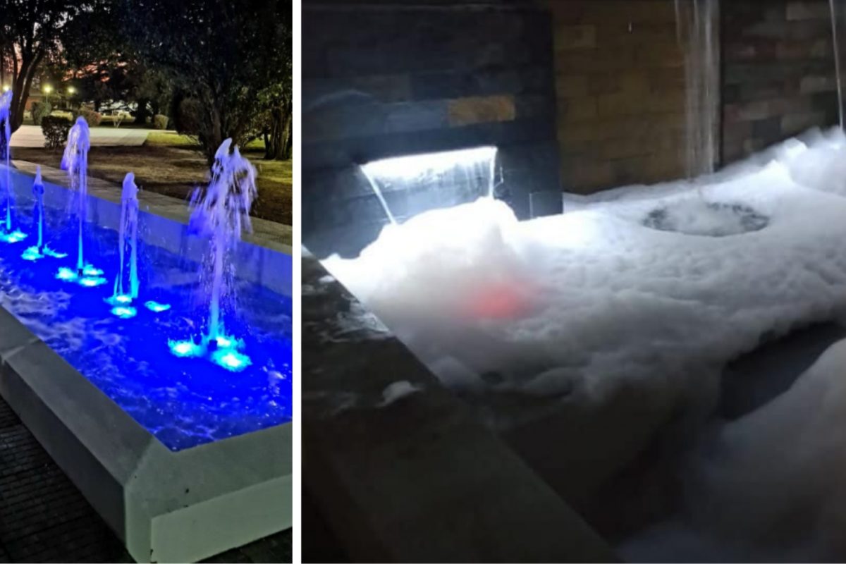 ¡Cuánta maldad! Tiran detergente en fuente recién inaugurada en la plaza de Serrano